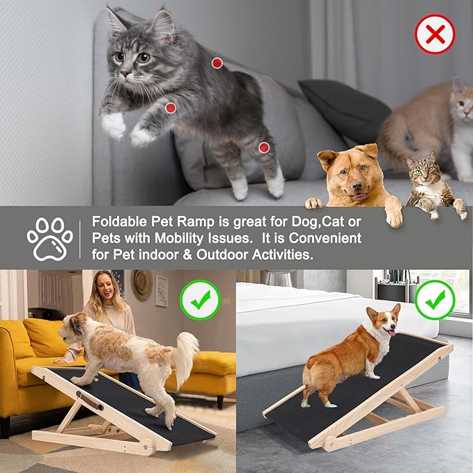 ABORON Antislip Dog Ramp, Adjustable Folding Pet Ramp for Small & Large Old Dogs & Cats, High Traction Portable Rubber Paw Ramps, Supports up to 200 lbs, Used for Bed Couch SUV, 39.3'' Long