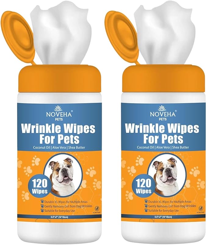 NOVEHA Wrinkle XL Wipes for Dogs | Wipes for Bulldog, French Bulldog, Pug, English Bulldog โ Wipes for Multiple Areas Removes Dirt, Wrinkles, Folds, Tear Stain, Tail Pockets & Paws (240 Counts)