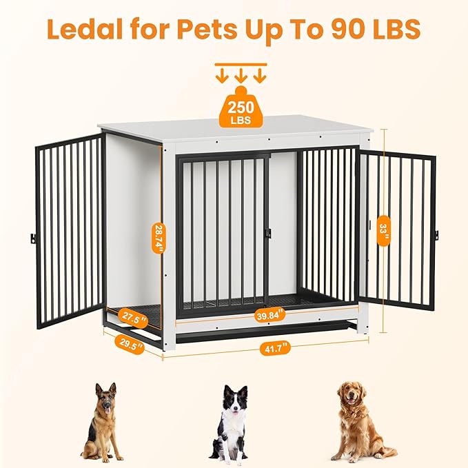 Dog Crate Furniture, Large Dog Crate Furniture, Wooden Cage Kennel Furniture Indoor, Modern Dog Crate with Multi-Purpose Removable Tray, Double-Doors Dog Furniture, End table dog crate, White
