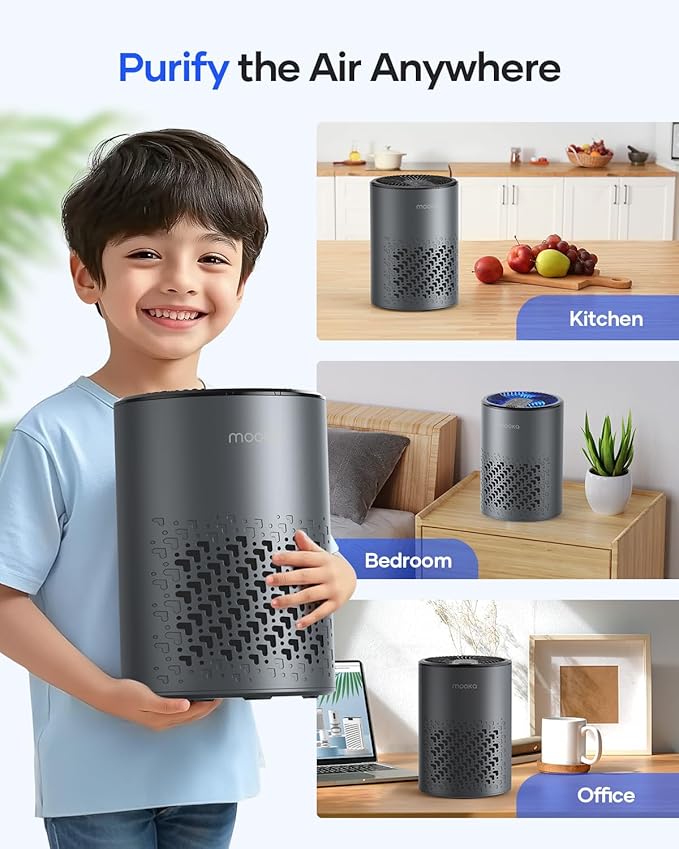Air Purifiers for Bedroom Home, MOOKA HEPA Air Purifier for Home Pets with Fragrance Sponge for Smoke Dust Pollen Dander Odor, Small Air Purifier with Sleep Mode Night Light Timer, KJ067L, Grey