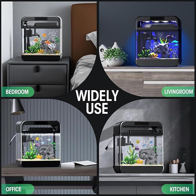 Fish Tank Aquarium 2.2 Gallon with Adjustable 3 Colors Lighting 3 in 1 Pump with Filteration, Oxygenation, Water Circulation Triple Function, HD Float Glass, Leak-Proof Thickened Base