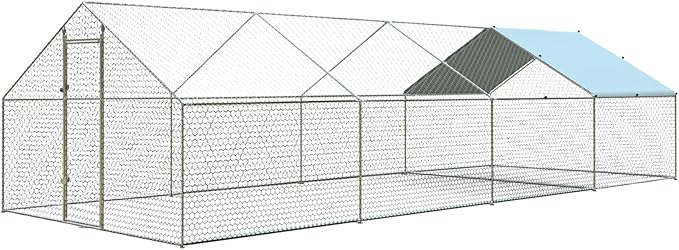 4ever2buy Large Metal Chicken Coop with Run Walk-in Poultry Cage Chicken Runs House Pen Cage Spire Roofed Chicken Coops with Anti-Ultraviolet Cover for Outdoor Backyard Farm Use 9.5’Lx24.9’Wx6.4’H