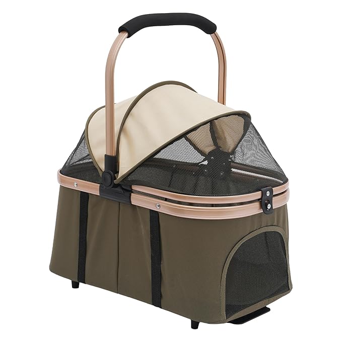 Foldable Pet Stroller for Small & Medium Dogs, Double Dog & Cat Stroller with 3-in-1 Travel System, Detachable Pet Carrier with Wheels for Cats and Dogs up to 77 lbs, Dark Green