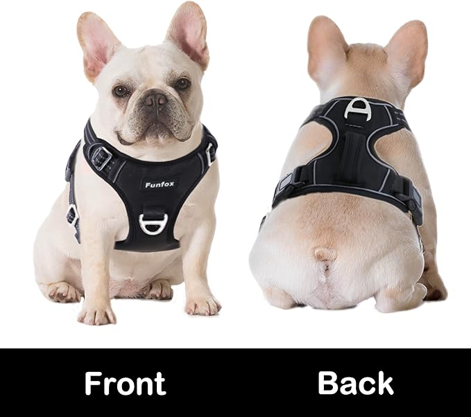 Funfox Dog Harness No Pull, Adjustable Dog Vest Harness, Super Soft Material with Vertical Handle Easy Control, Reflective Night Walking, 2 Leash Clips for Small Medium Large Size, Black, S