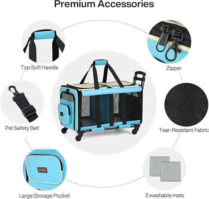 MILADA Large Cat Carrier for 2 Cats, Soft Big Pet Carrier with Wheels, Double Cat Carrier on Wheels, Rolling Pet Carrier for Travel Hiking Shopping and Camping(Not for Air Travel), Blue