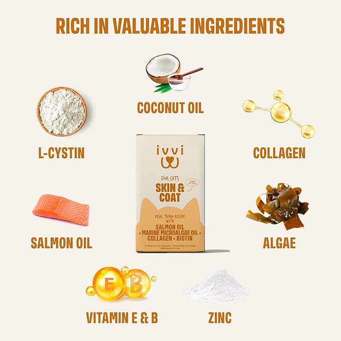 ivvi Skin & Coat for Cats ā Functional Creamy Snack with Salmon Oil, Algae Oil, Zinc, Collagen & Biotin ā Supports Skin and Fur Health ā 30 x 0.53 oz Sachets ā with Real Tuna