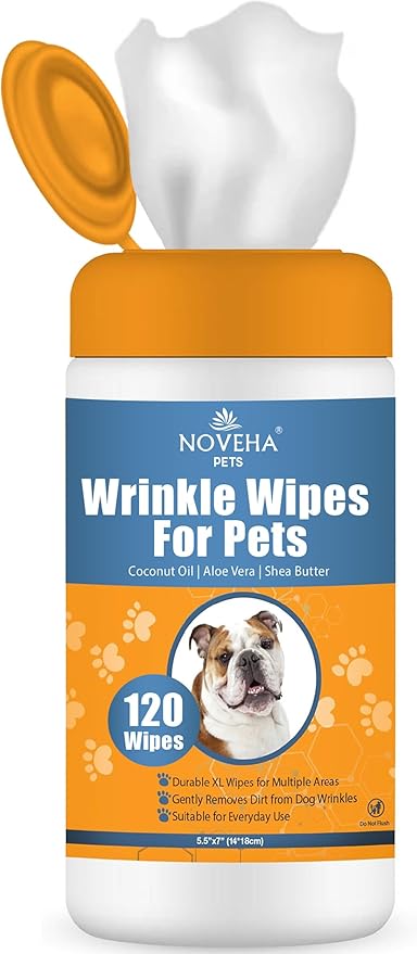 NOVEHA 5βx7β Large Dog Wipes | Wipes for Bulldog, French Bulldog, Pug, English Bulldog | Deodorizing, for Multiple Areas Removes Dirt, Wrinkles, Folds, Tear Stain, Tail Pockets & Paws (120 Counts)