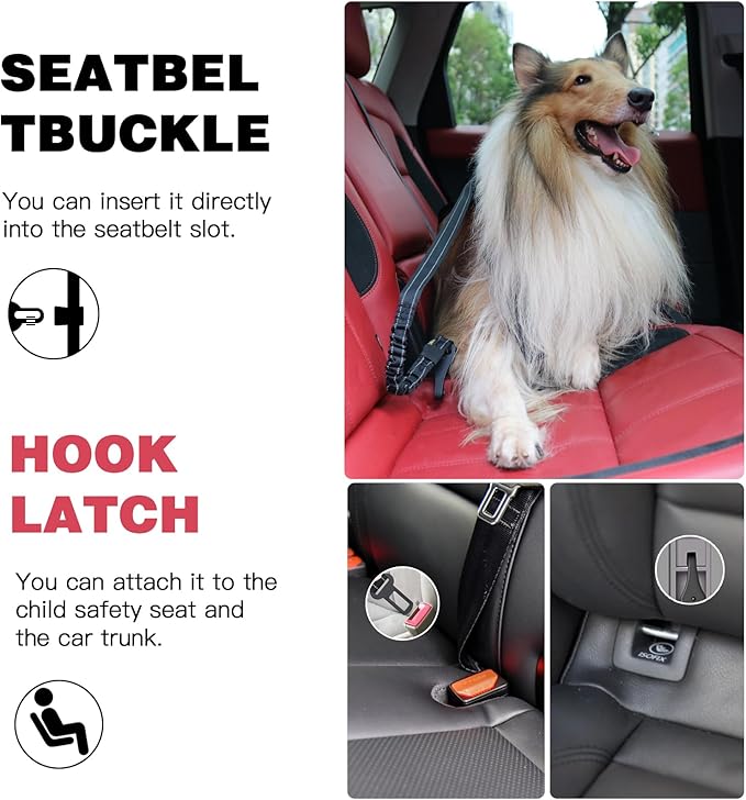 AUBELL Dog Seat Belt for Car,2 Pack Set 3-in-1 Adjustable Reflective Bungee Heavy Duty Dog Car Harness Tether with Clip Hook Latch & Buckle,Swivel Zinc Alloy Carabiner,Black+Black