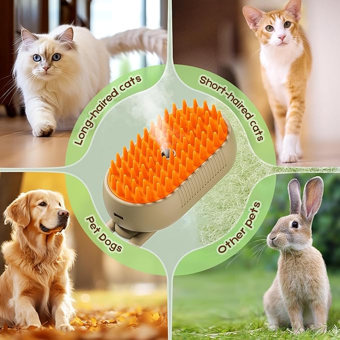 Cat Steam Brush for Shedding, 2025 New 3 in 1 Cat Brushes for Indoor Cats, Pet Steam Groomer Comb, Hair Water Brush Hair Removal Comb for Cats Dogs (Khaki+White)