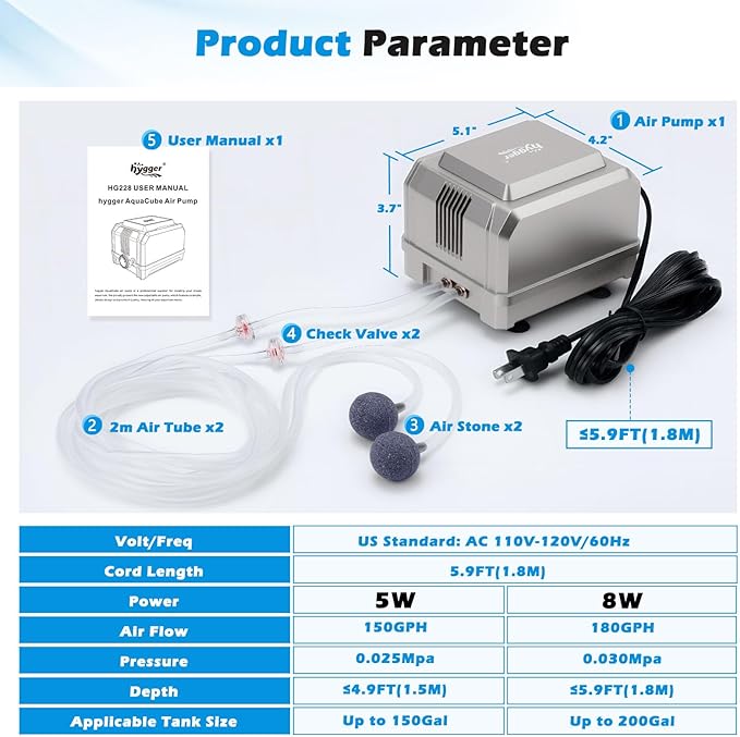 hygger 5W/8W Aquarium Air Pump: Powerful Adjustable Fish Tank Air Pump, Dual Outlets Oxygen Aerator, Oxygen Pump for Up to 200 Gallons Aquariums, for Freshwater, Saltwater, Hydroponics
