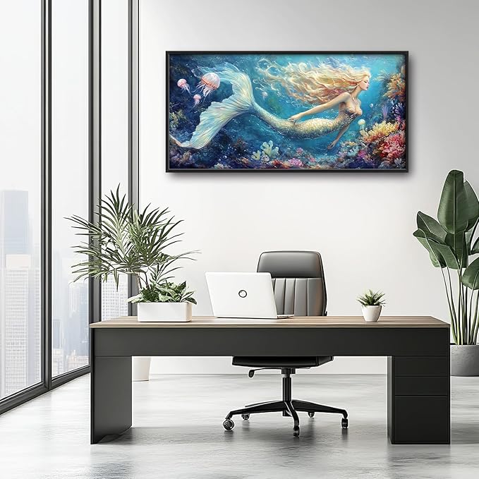 Extra Large Framed Mermaid Wall Art,Oversized Undersea Ocean Wall Decor,Colorful Coral Reefs Pictures for Living Room,Elegant Canvas Print Painting Modern Artwork Bedroom Bathroom 60L x 30W