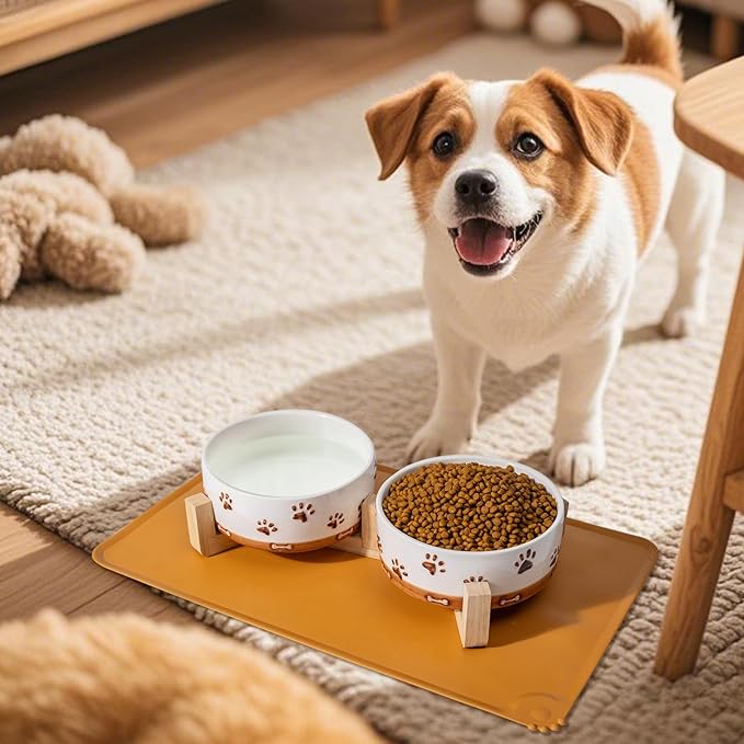 Ceramic Dog Bowls for Small and Medium Dogs, 32 OZ Dog Food and Water Bowl Set with Wooden Stand and Non-Slip Silicone Food Mat, Weighted Embossed Cute Puppy Bowls Feeding Dishes Set of 2