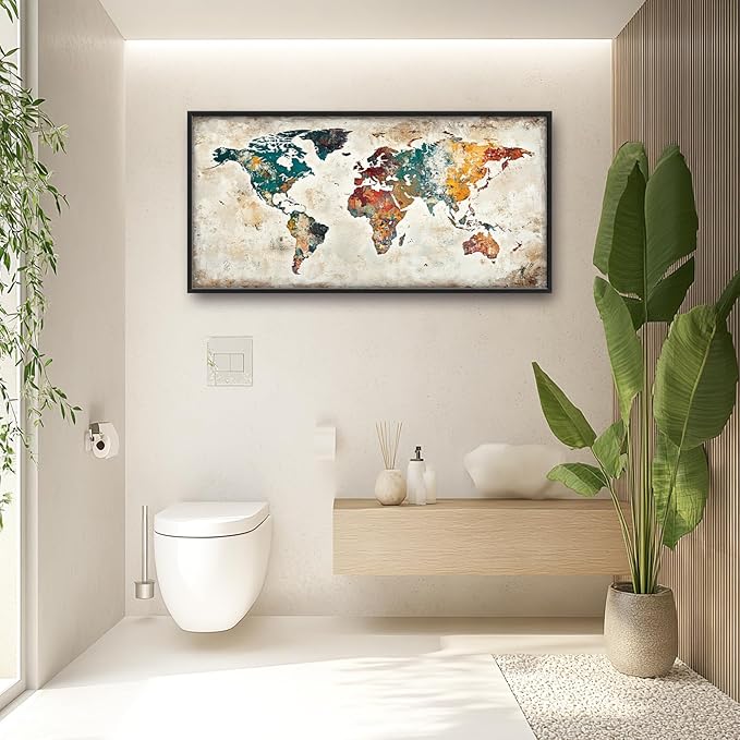 Extra Large Framed World Map Wall Art,Oversized Colorful Vintage Nautical Map Wall Decor Pictures for Living Room,Canvas Print Painting Modern Artwork Office Bedroom Home Decor 60L x30W