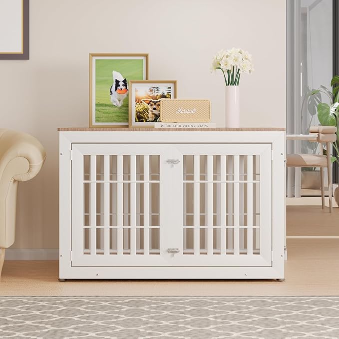 48" Heavy Duty Dog Crate Furniture for Small,Medium and Large Dogs,Rustic Wooden Dog Cage Kennel Indoor Furniture with Waterproof Top,Decorative Pet House Side End Table (White & Wood)