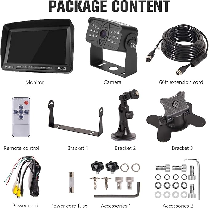DALLUX Truck Backup Camera kit,HD 1080P Rearview Cab Cam with 7 inch Monitor+ 4 PIN Extension Cable for Bus/Truck/Van/Trailer/RV/Camper/Motor Home/Pickup/Harveste/Heavy Duty Vehicles(12V-24V)