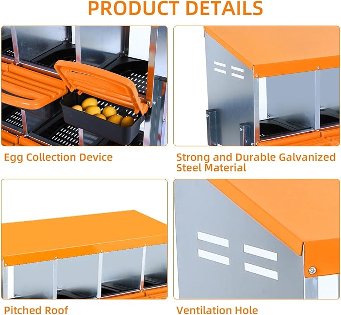 Chicken Nesting Boxes, 10 Hole Metal Chicken Laying Box with with Removable Trays and Roll Out Egg Collection for Chicken Coop, Orange