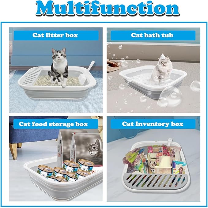 Collapsible Cat Litter Box,Open Potty Pan Cat Toilet Foldable Portable Cats Litter Box Travel Litter with Scoop,Waterproof Low Entrance for Kitten and Cat Toilet Easy Clean 17.7"×13.4"x4.9"(Grey)