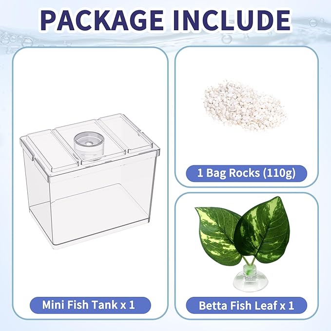 Mini Betta Fish Tank, Small Fish Bowl for Temporary Space, 0.2 Gallon Stackable Cube Tank with Betta Leaf and Gravels for Small Fish, Insect, Shrimp, Crab, Spider.(Pack-1)