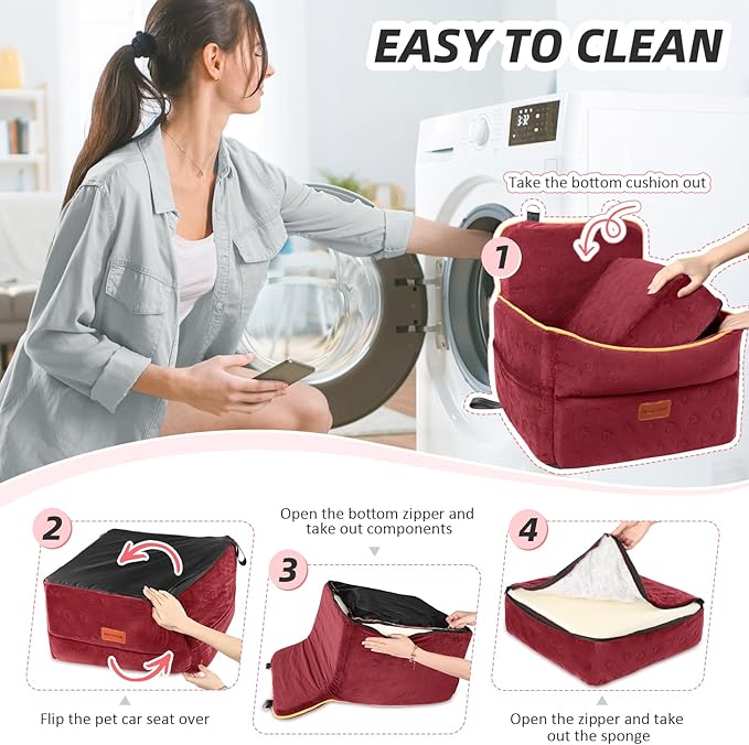 Dog Car Seat for Small Medium Dogs, Memory Foam Puppy Dog Booster Seat with Thick Cushion for Dogs Under 35lbs, Detachable Washable Pet Car Seat Travel Bed with Storage Pockets,2 Safety Belts