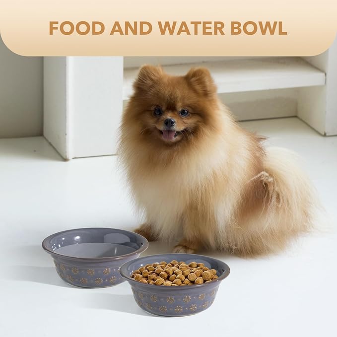 6.3inch Ceramic Set of 2 Dog Bowls, Food and Water Bowls for Small and Medium Dog, 2pcs Basic Dog Bowl, Wide Opening Rounded Edge (2 Bowls, Reactived Glaze -Grey)