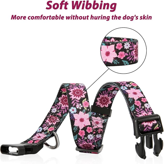 HEELE Dog Collar, Adjustable Soft Dog Collar for Small Medium Large Dogs,Floral Patterned Puppy Collars with Quick Release Buckle Galsang Black M Length 13.39''-20.87''