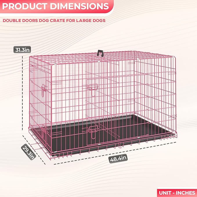 FDW Dog Crate for Large Dogs 48 Inch Folding Metal WirePet Cage Double Door W/Divider Panel Indoor Outdoor Kennel Leak-Proof Plastic Tray,Pink