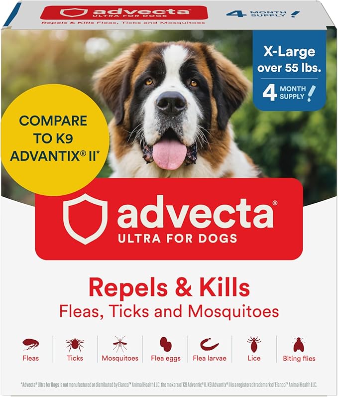 Ultra Flea And Tick Prevention For Dogs - Dog and Puppy Treatment and Control - Mosquito Repellent - XL, Fast Acting Waterproof Topical Drops, 4 Month Supply