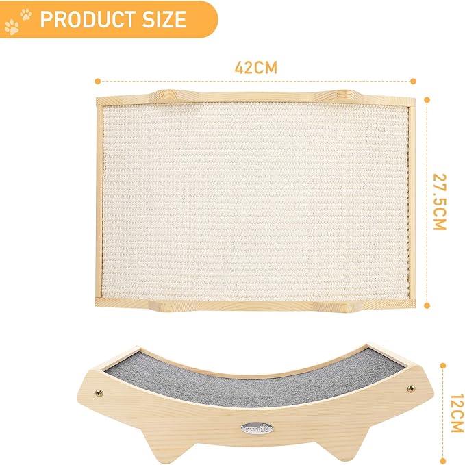 Double-Sided Cat Scratcher With Natural Sisal + Carpet Cloth, Durable Solid Wooden Structure Scratch Pad for Indoor Cats, Scratcher Lounge, 16.5 x 10.8in