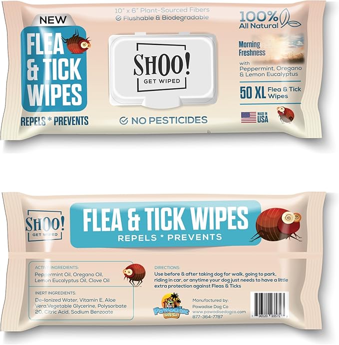 Shoo! Flea & Tick Wipes for Dogs | Convenient, Easy On-The-Go Protection | Plant Based, Natural Oils, Chemical Free | Repels & Prevents | 50 XL Wipes | (Morning Freshness)
