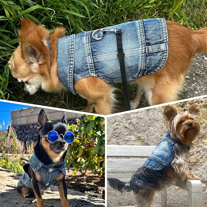 Puppy Clothes for Small Dogs Boy,Classic Western Denim Dog Coat,Dog Jeans Jacket with Leash D-Ring,Pet Cat Costumes,Cooling Harness Vest for Walking (Blue, Large)