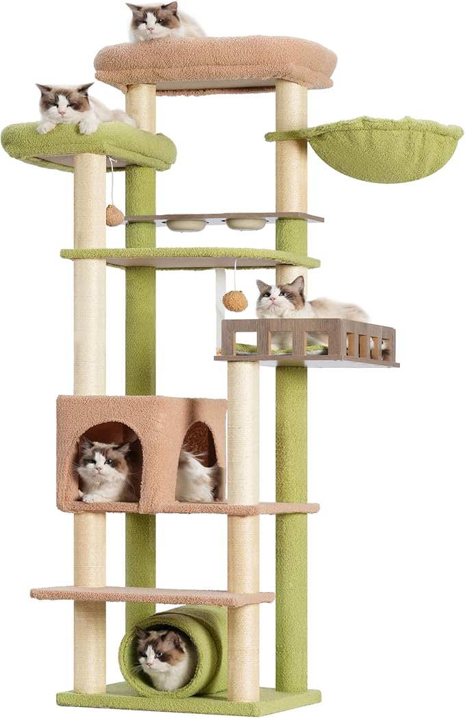 Cat Tree with Tunnel, Cat Tower for Indoor Cats, Tall Cactus Cat Tree Tower with Cat Condo, Food Station, Large Platform, Scratching Posts, Hammock, Green and Yellow GCT021GY