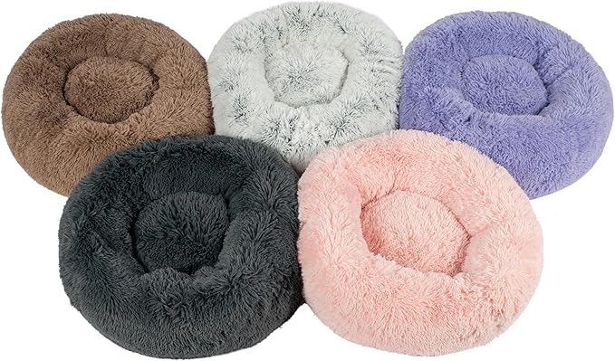 Best Pet Supplies Round Donut Dog Bed with Plush Faux Fur Fabric, Calming, Anti-Anxiety Cushion for Indoor Pets, Slip-Resistant Base, Soft Ergonomic Support - Gray, 27x27x7.5''