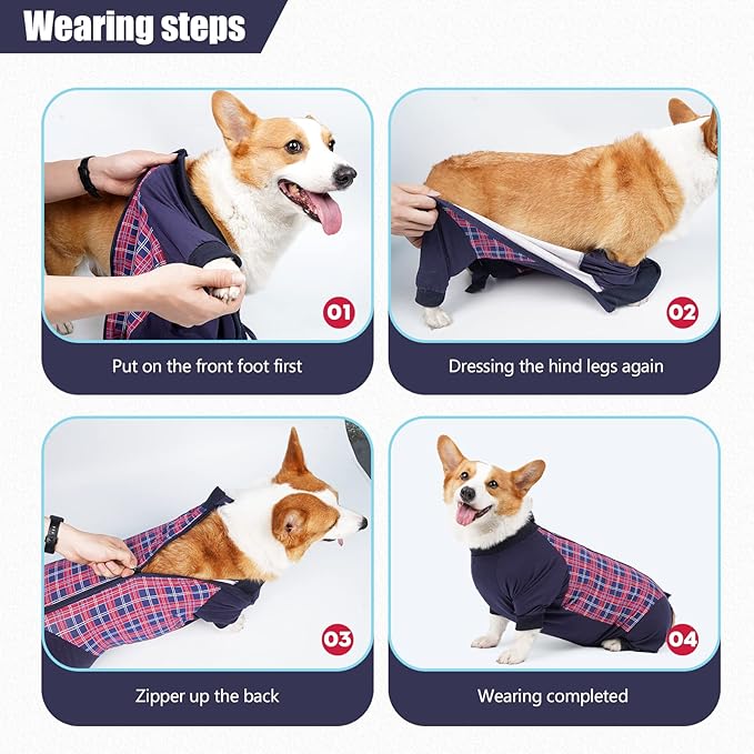Dog Recovery Suit, Abdominal Wound After Surgery Wear, Anti Licking Bodysuit with Zipper, E-Collar & Cone Alternatives, Plaid Dog Spay Surgical Onesie Prevent Shedding(2XL, Red)