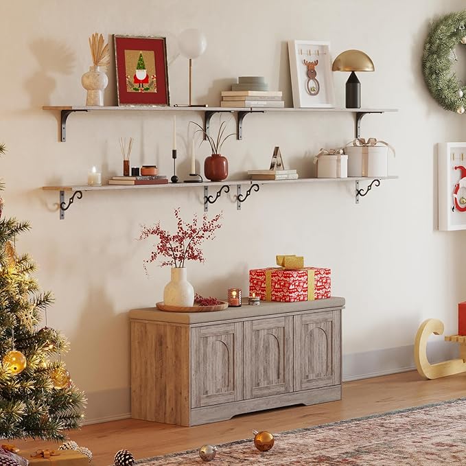 DINZI LVJ Shoe Bench, Entryway Storage Bench with Doors, Cushion, 2-Tier Shoe Rack with 6-Cubby, 39.4”L x 13.8”W Shoe Organizer Cabinet, Adjustable Shelf, Living Room, Bedroom, Greige