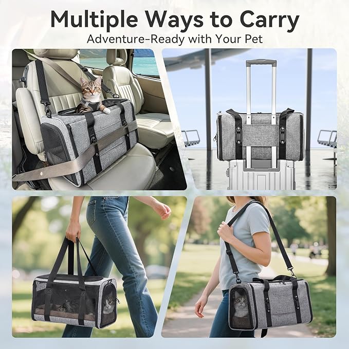 PETSFIT Soft-Sided Cat Carriers & Car Seats with Patent Safe Buckles, Clip-On Harness,18"x11"x11" Airline Approved Pet Carrier - 9 lbs Capacity,Grey
