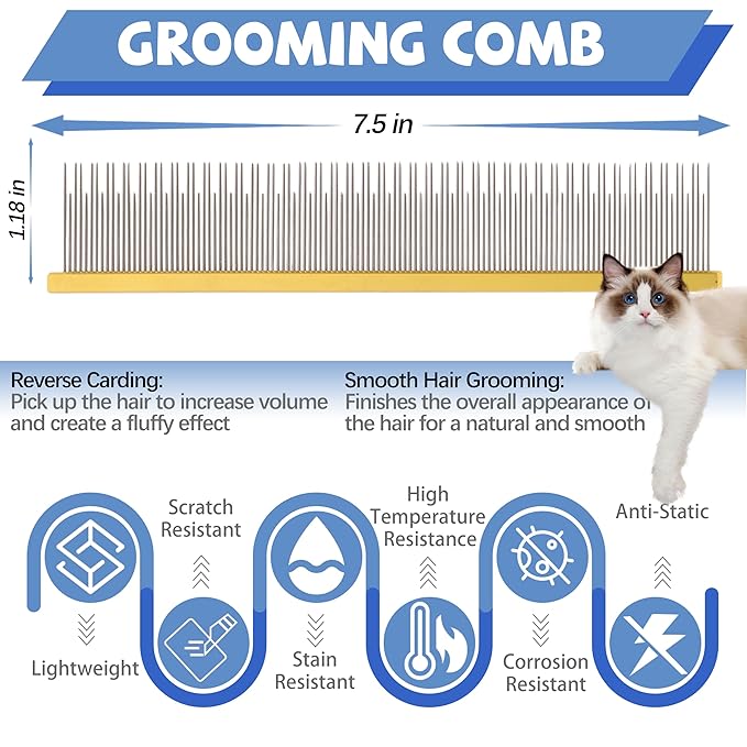 8.5 Inch Dual Tooth Pet Comb for Mats and Tangles,Professional Grooming Comb Removing Excess Hair for Long-Haired Cats and Dog Kit,Prevent Undercoat, Excess Hair,Mats and Tangles,Pet Essential