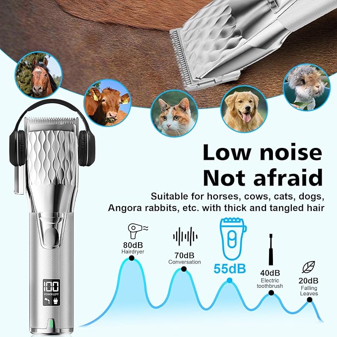 Horse Clippers, Cordless Trimmers Grooming Kit with 2500mAh Battery,Low Noise Heavy Duty Body Clipping Machine with LED Display, Suitable for Horse, Cattle, Cat, Dog with Thick/Tangled Coat