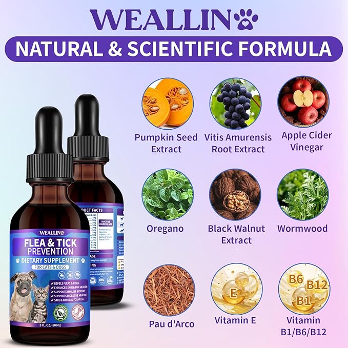 Flea and Tick Prevention Support for Cats and Dogs Natural Flea Treatment Drops with Multivitamin for Pets Oral Natural Supplement Flea and Tick Treatment Drops for All Breeds and Ages