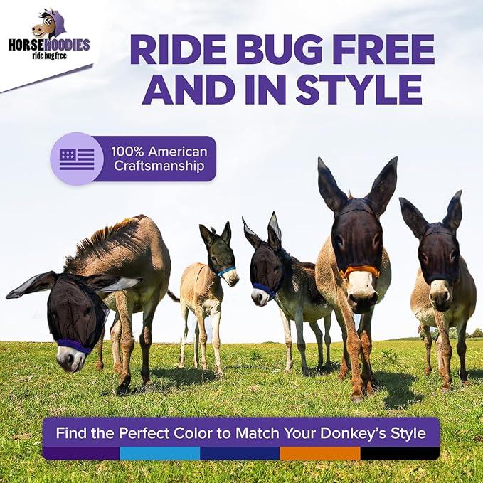 Donkey Fly Mask with Long Ears (Orange) Made in USA - Mule Fly Mask with Ears Protection from Insects and Bugs, Mini Donkey Soft Mesh Fabric with Adjustable Fastener, Face Cover Supplies for Donkeys