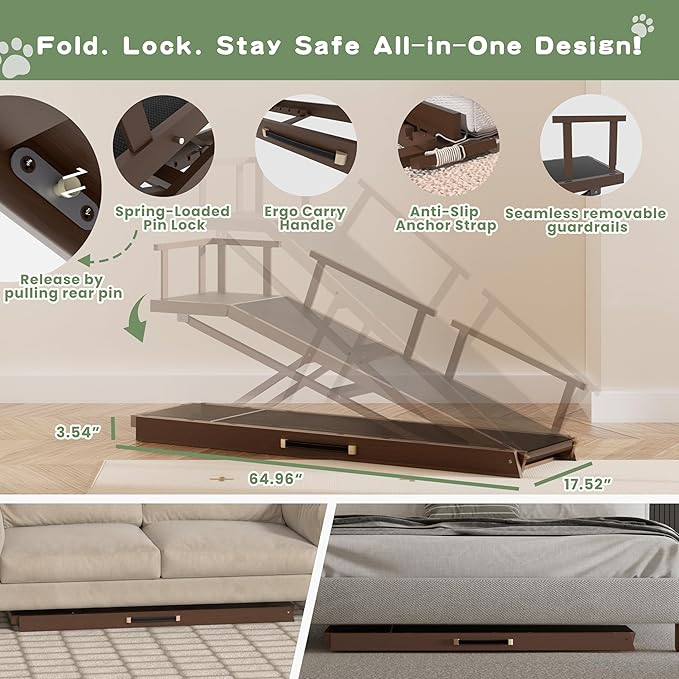6 Level Height Adjustable Dog Ramp for Bed, Couch 65" Foldable Pet Ramp with Non-Slip Matļ¼DIY Glow Strips & Rest Platform Heavy Duty Dog Stairs for Large Dogs up to 200Lbs ļ¼Brown