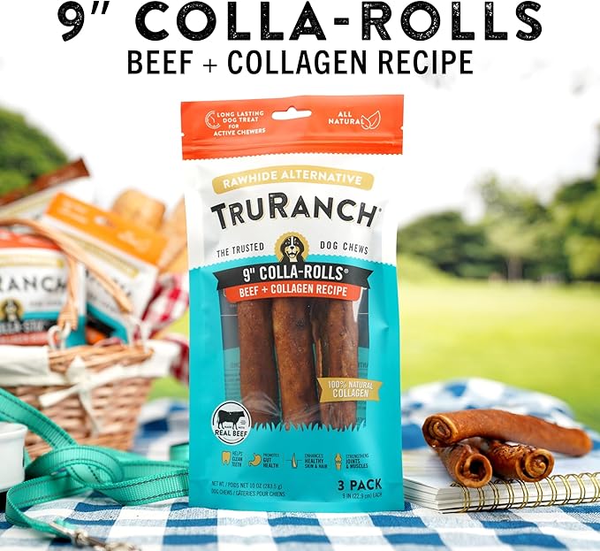 Collagen Rolls - 9" Collagen Rolls for Dogs - Long Lasting Healthy Joint Support - Rawhide Alternative - Skin & Coat Health - Made with Real Beef, Value Pack, 3 Bags, 9 Count