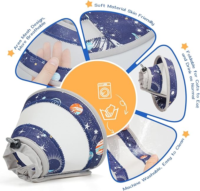 Breathable Air Mesh Cat Cone Collar Soft to Stop Licking, Adjustable, Foldable Lightweight Kitten Cones After Surgery Recovery for Cats & Kittens (Star Blue, M)