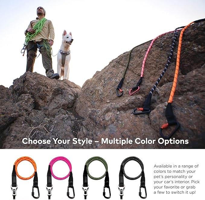 Dog Seat Belt for Car | Universal Dog Car Seatbelt | Durable Reflective Rope with Clip Hook Latch, Buckle and Alloy Carabiner- Safe and Secure Pet Safety Restraint