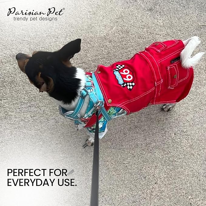 Parisian Pet Denim Overall - Embroidered “ Route 66 “ Red Dog Jumpsuit - Breathable Dog Costume - Machine Washable Dog Outfit - Dog Overalls for Small Dogs - S