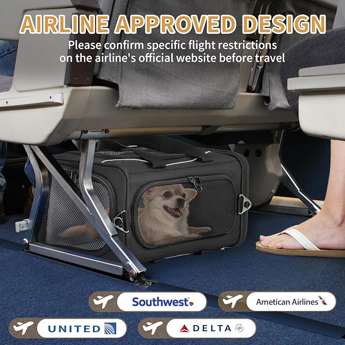 Petsfit Airline Approved Pet Carrier for Small Dogs & Cats, 19x9x12 TSA Approved Carrier, with Removable Dual-Sided Padding (2-Way Placement) - Fits Under Most Airplane Seats, Escape Proof (Black)