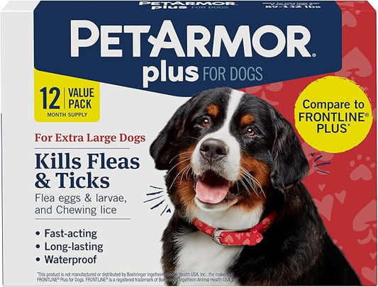 PetArmor Plus Flea and Tick Prevention for Dogs, Dog Flea and Tick Treatment, 12 Doses, Waterproof Topical, Fast Acting, X-Large Dogs (89-132 lbs)