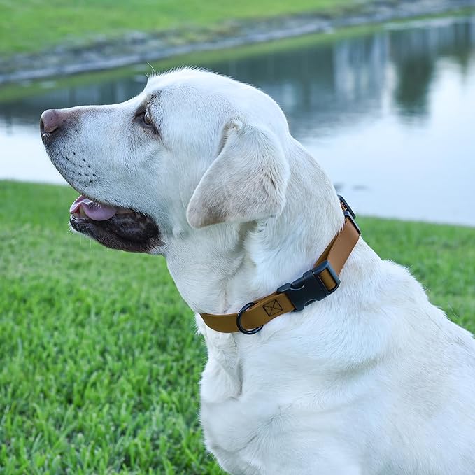 Dogline Biothane Waterproof Dog Collar with Quick Release Buckle Strong Coated Nylon Webbing with Odor- Proof for Easy Care Easy to Clean Fits Small Medium Large Dogs, Coyote Brown 1" W 15-25" L