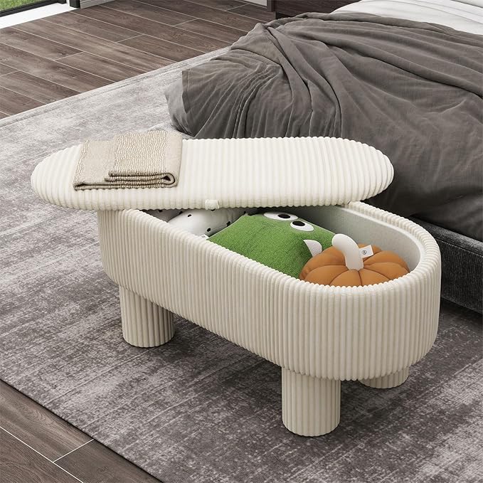 Corduroy Storage Ottoman Bench, 43" Upholstered Oval Footrest with Hidden Storage, Modern Design with Solid Wood Legs for Bedroom, Living Room, and Entryway Furniture, White