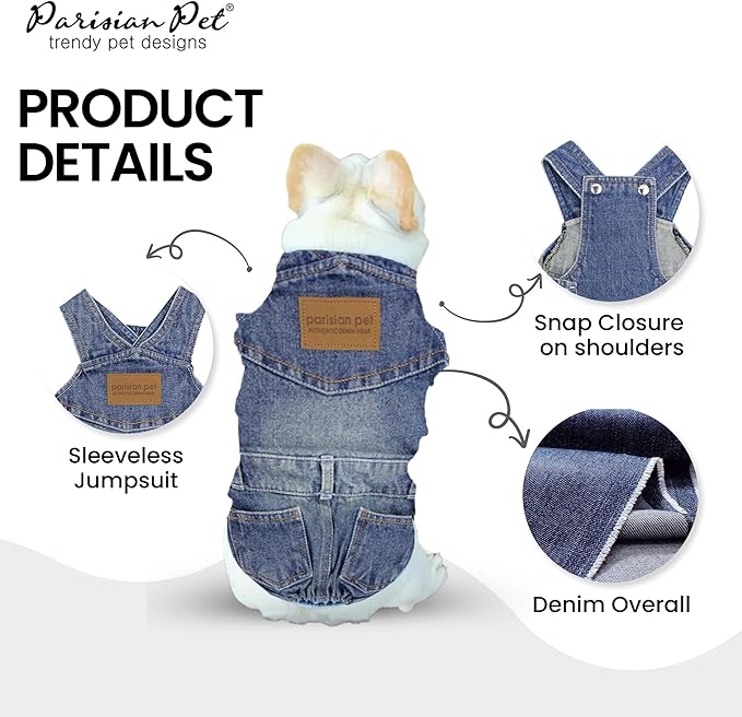 Parisian Pet Denim Overall - Blue Dog Jeans Outfit - Breathable Puppy Jumpsuit Costumes - Machine Washable Overall for Dogs - Dog Clothes for Large Dogs - 2XL