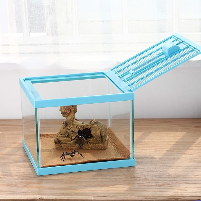 crapelles ReptileTerrarium Color Blue Spider Box, 7.8x7.8x5.9'' Tarantula Container Gecko Habitat Insect Enclosure pet Tank Frog Carrier Snail Hermit Crab House Cricket breeding Geometric Cube Bowl